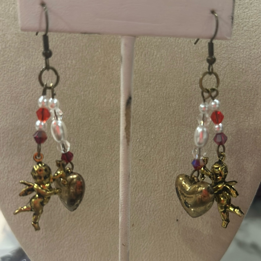 Antiqued Gold Puffed Heart And Cherub Charm Earrings-Boutique